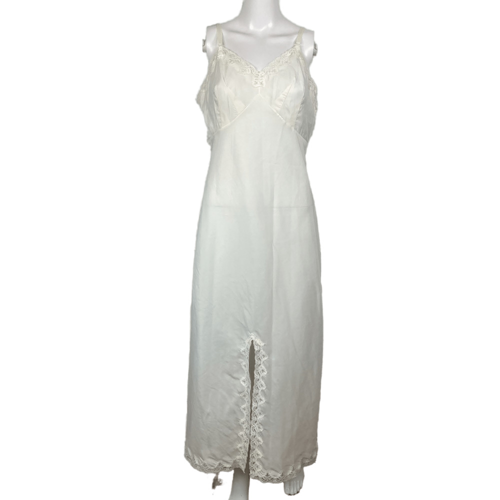 Vintage‎ Wonder Maid Lingerie Womens Sz 36 M White Satin Lace Slit Long Slip
